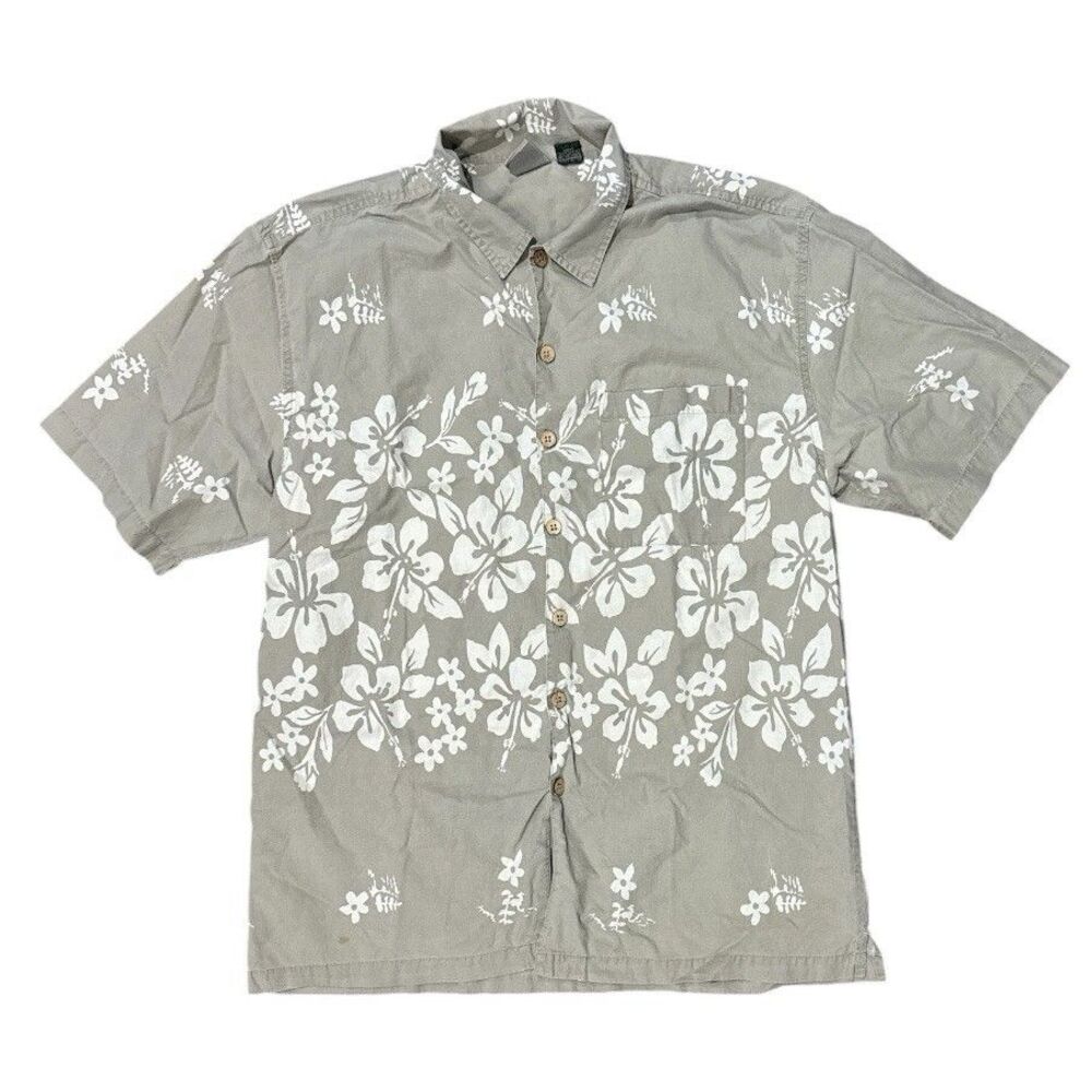 Vintage Eastern Mountain Sports Hawaiian Camp Shirt Sz L Floral Aloha Button Up